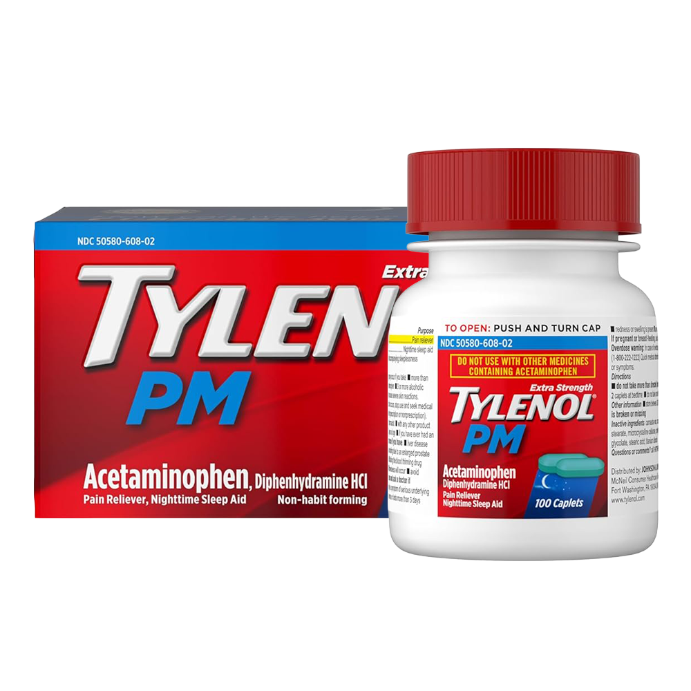 Tylenol PM Extra Strength Pain Reliever & Sleep Aid Caplets, 500 mg Acetaminofén y 25 mg Difenhidramina HCl, 100 cápsulas